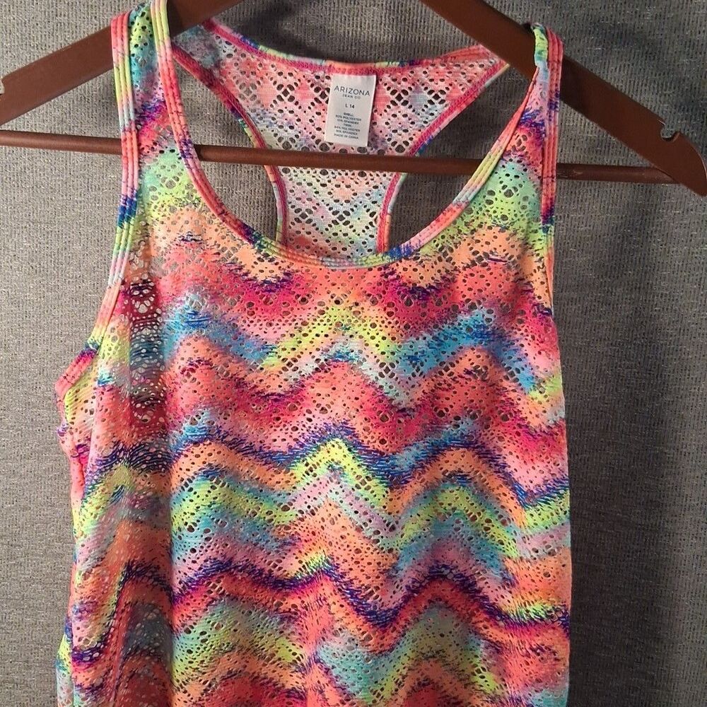 Arizona Jean Co Neon Rainbow Crochet Racerback Swim Cover Up Tank Top L 14